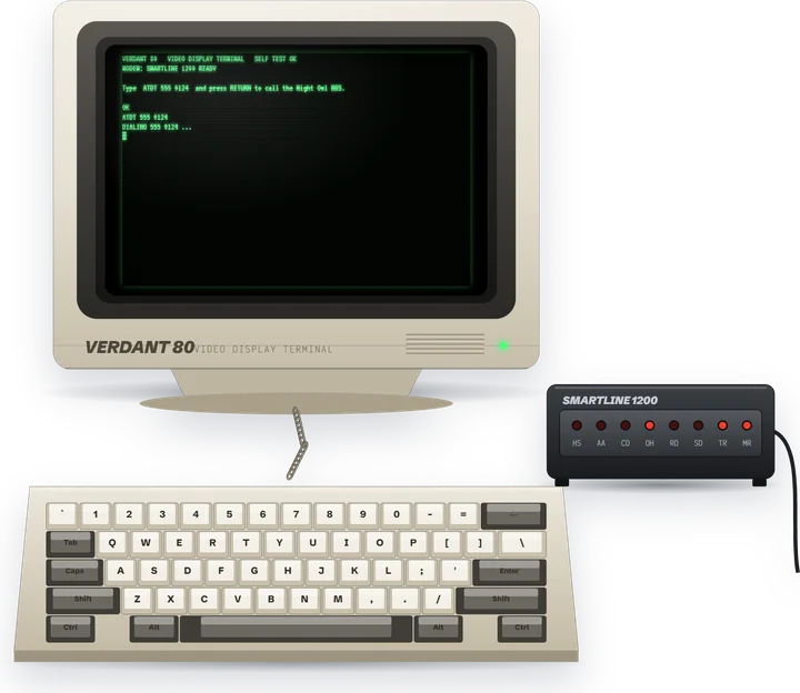 Green-screen terminal with a modem, item F